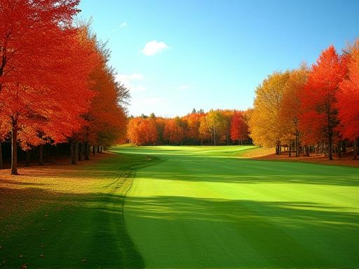 A beautiful view of a fairway with Canadian autumn colors